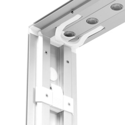 Tool-free SEG light box corner connector with aluminum frame and sliding bracket system for modular trade show displays