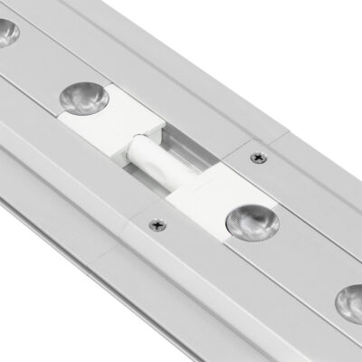 Tool-free hinge connector for modular SEG light box frame with white powder-coated aluminum finish
