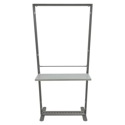 Portable SEG light box trade show display with counter shelf and modular aluminum frame on white background