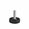 Adjustable battery foot with black round base and silver threaded screw.