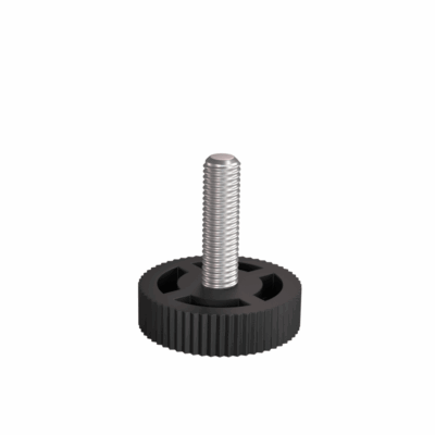 Adjustable battery foot with black round base and silver threaded screw.