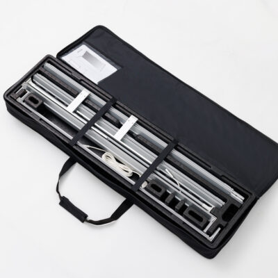 MLB80 100 x 200 Mobile Light Box packed inside an open carry case.