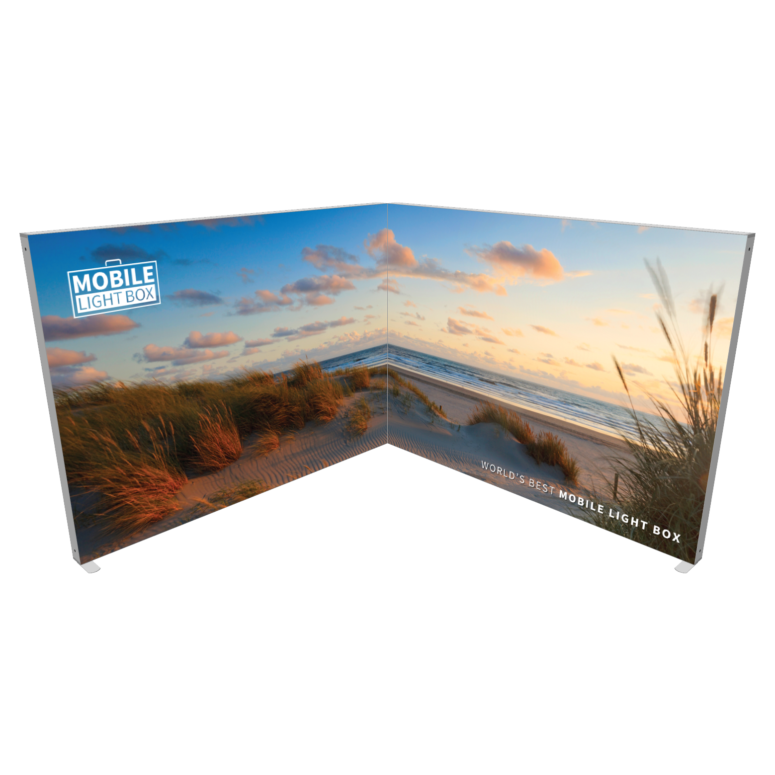 Portable SEG light box corner display with backlit beach sunset graphics for trade show booth