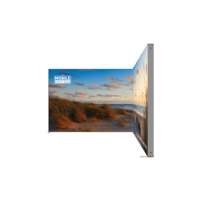 Portable SEG light box display with beach scene graphic showing modular backlit frame system