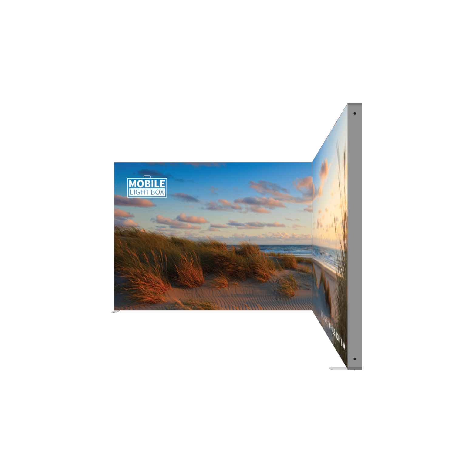 Portable SEG light box display with beach scene graphic showing modular backlit frame system