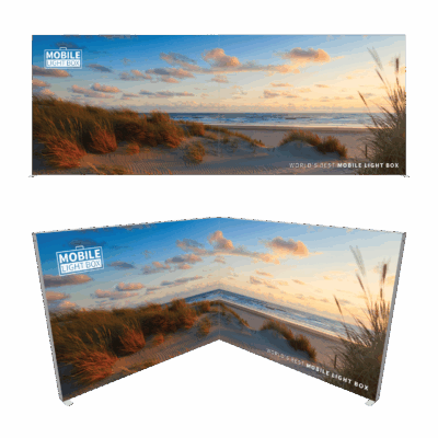 Mobile Light Box Booth Kit A 225 setup with backlit display wall and branded counter.