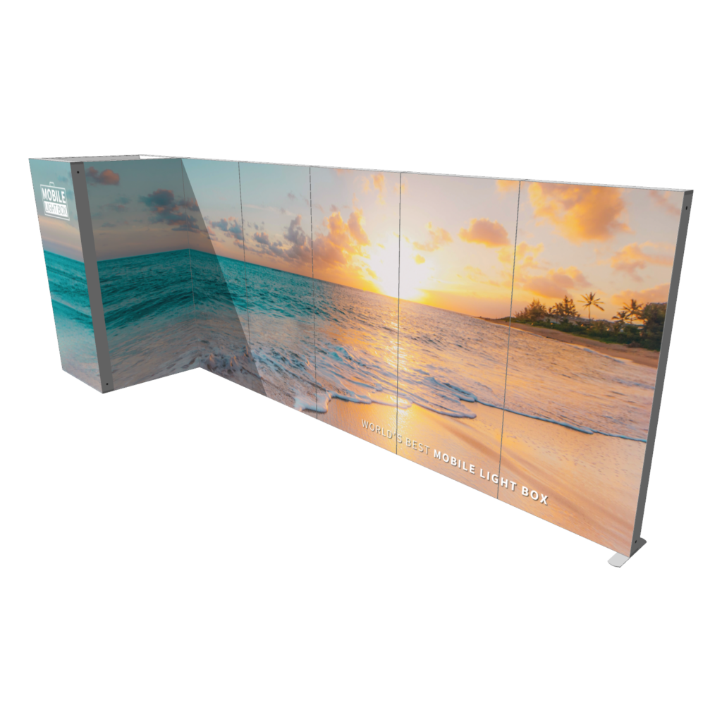 Mobile Light Box Kit J booth setup shown from the left side with branded backlit display walls.