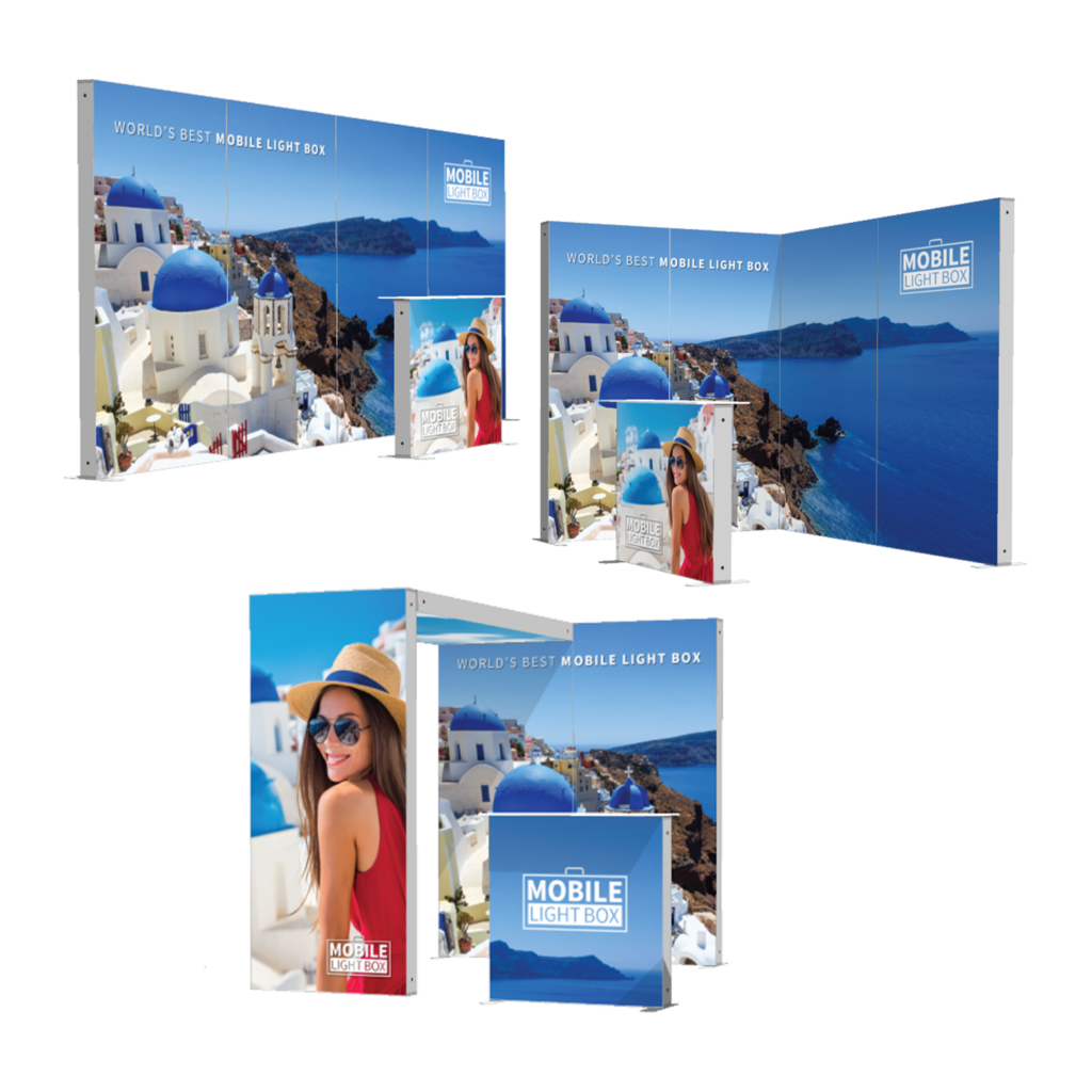 Mobile Light Box Kit K booth setup shown in combined product views with branded backlit display walls.