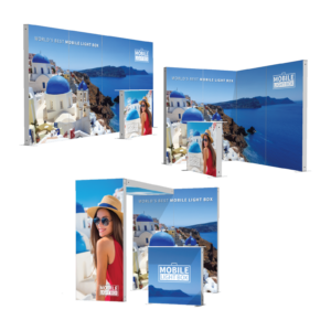 Mobile Light Box Kit K booth setup shown in combined product views with branded backlit display walls.