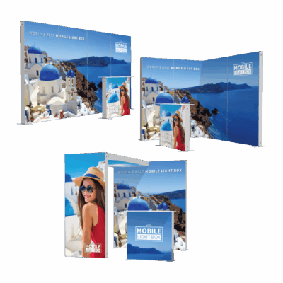 Mobile Light Box Kit K booth setup shown in combined product views with branded backlit display walls.