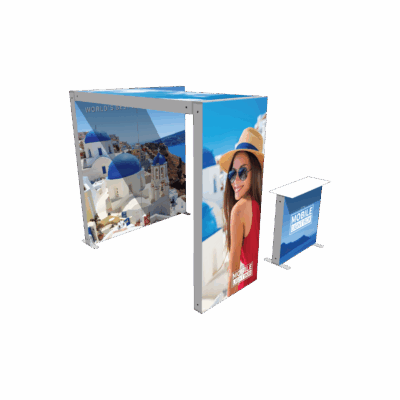 Mobile Light Box Kit K arch booth setup shown from the right side with branded backlit display walls.