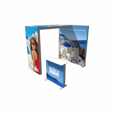 Mobile Light Box Kit K Arch booth setup shown from the left side with branded backlit display walls.