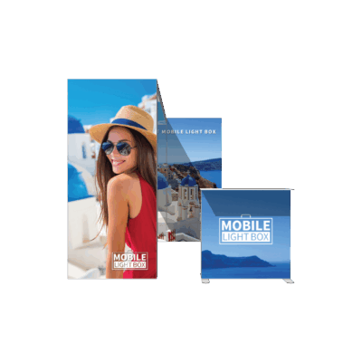 Mobile Light Box Kit K Arch booth setup shown from the front with branded backlit display walls.