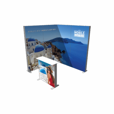 Mobile Light Box Kit K2 90-degree backwall booth setup with counter shown from the side.