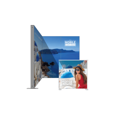 Mobile Light Box Kit K2 90-degree backwall booth setup with counter shown from the front.