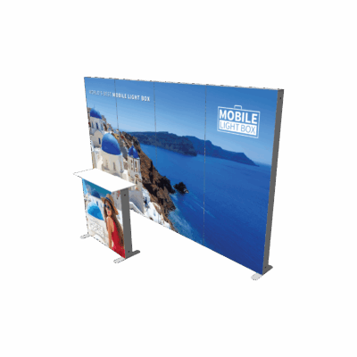 Mobile Light Box Kit K1 straight 13 ft backwall booth setup shown from the side.