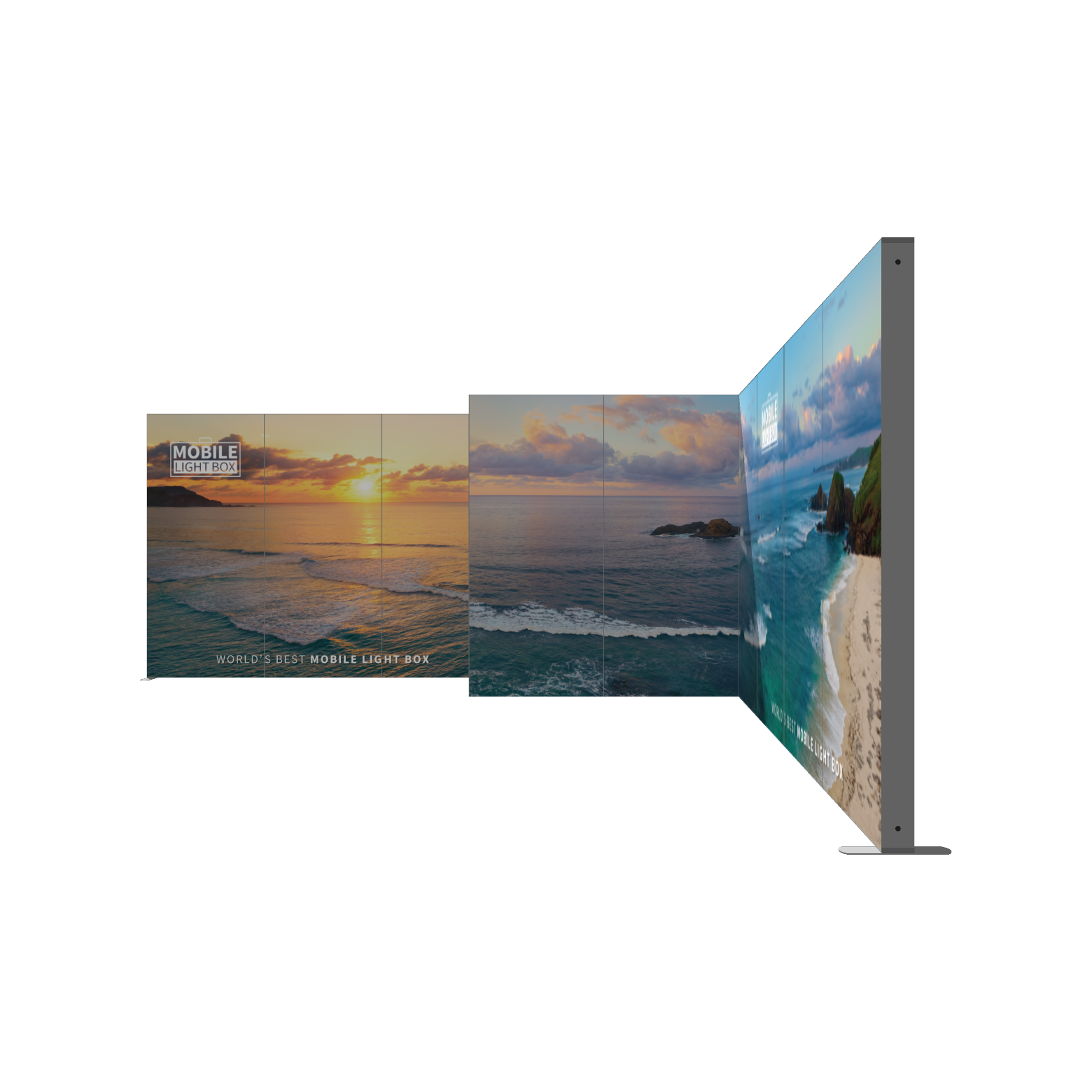 Mobile Light Box Kit I booth setup shown from the right side with branded backlit SEG display walls.