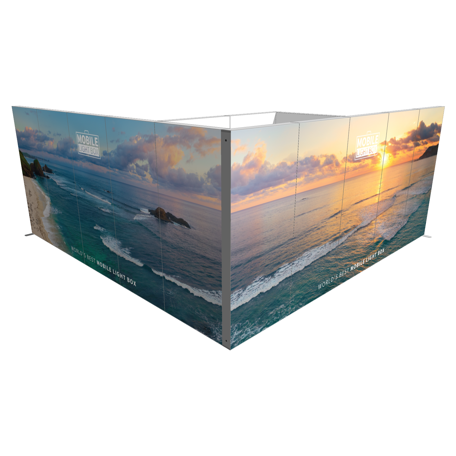Modular SEG light box booth with backlit ocean graphics in L-shaped configuration for trade shows
