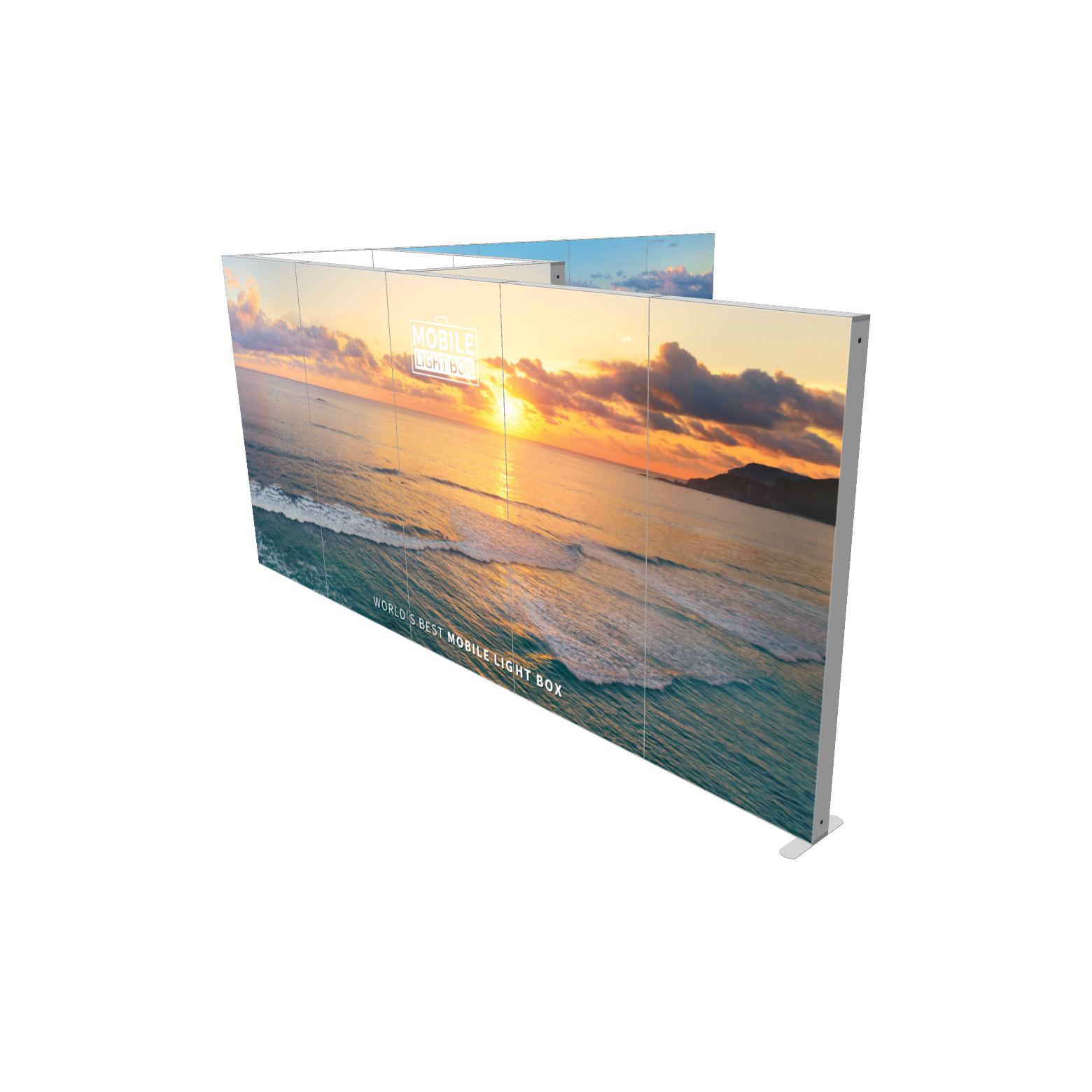 Modular SEG light box display with backlit sunset beach graphic showing portable trade show booth configuration
