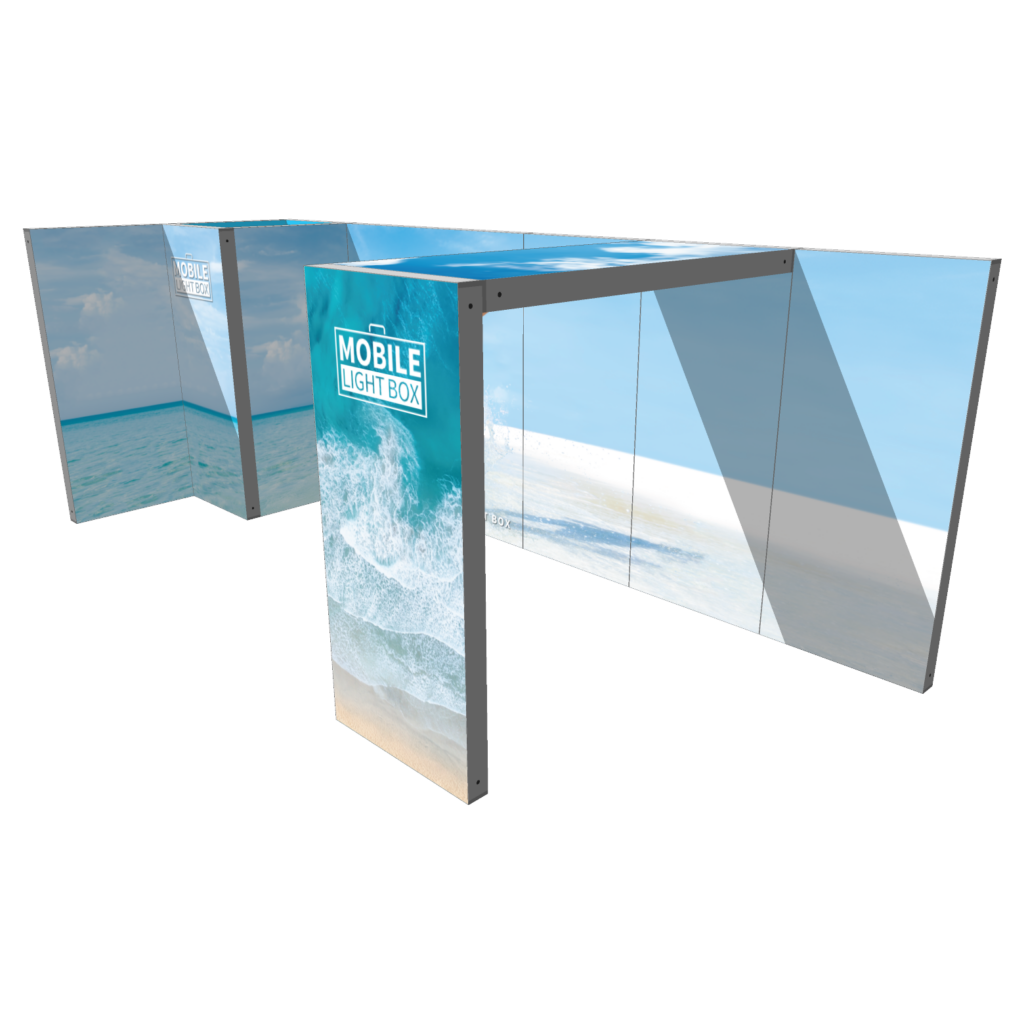Modular SEG light box display with backlit beach graphics in angular booth configuration