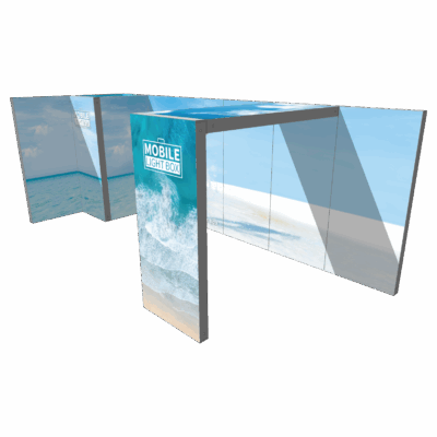 Modular SEG light box display with backlit beach graphics in angular booth configuration