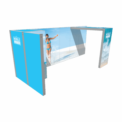 Mobile Light Box Kit F booth setup shown from the left side with branded backlit SEG display walls.
