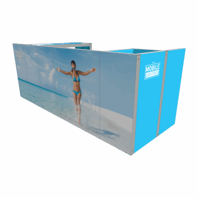 Mobile Light Box Kit F booth setup shown from the back-side angle with branded backlit SEG display walls.