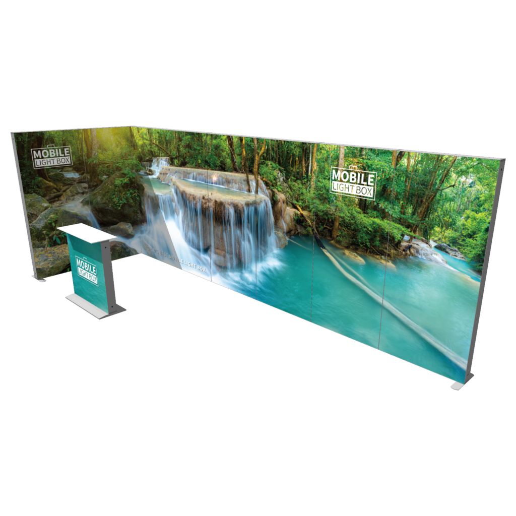 Mobile Light Box Kit H booth setup shown from the right side with branded backlit SEG display walls.