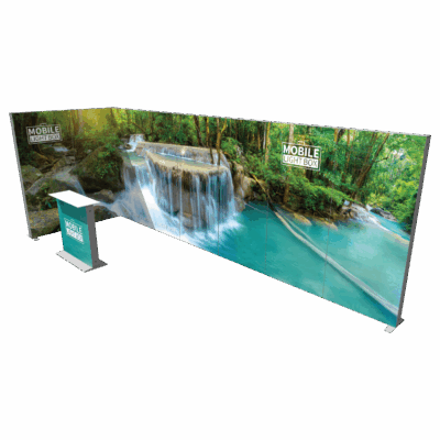 Mobile Light Box Kit H booth setup shown from the right side with branded backlit SEG display walls.