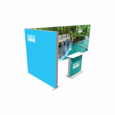 Mobile Light Box Kit H booth setup shown from the left side with branded backlit SEG display walls.