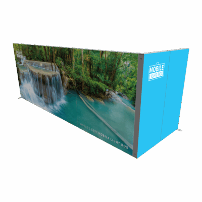 Mobile Light Box Kit H booth setup shown from the back-side angle with branded backlit SEG display walls.