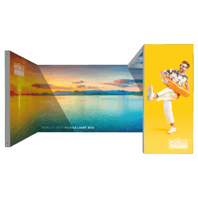 Mobile Light Box Kit G booth setup shown from the front with branded backlit SEG display walls.