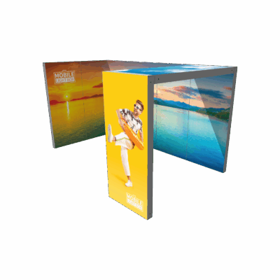 Mobile Light Box Kit G booth setup shown from the right side with branded backlit SEG display walls.