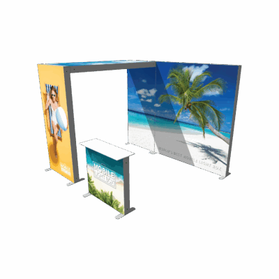 Mobile Light Box Kit C booth setup shown from the right side with branded backlit SEG display walls.