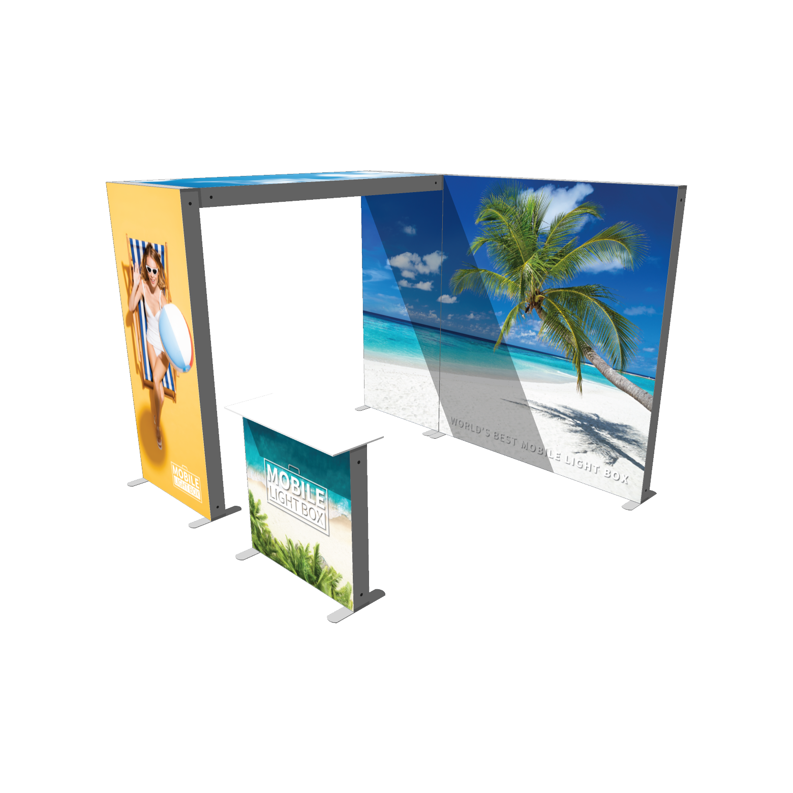 Mobile Light Box Kit C booth setup shown from the right side with branded backlit SEG display walls.