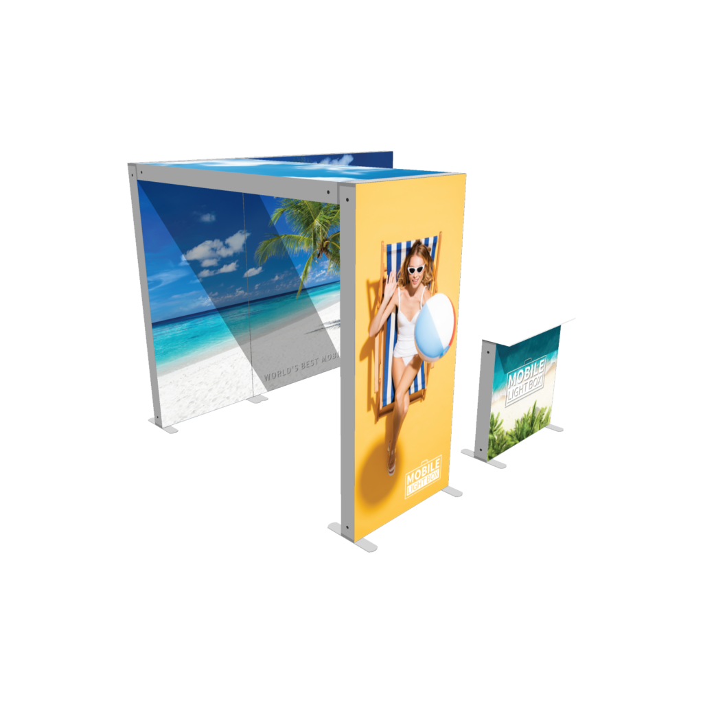 Mobile Light Box Kit C booth setup shown from the left side with branded backlit SEG display walls.