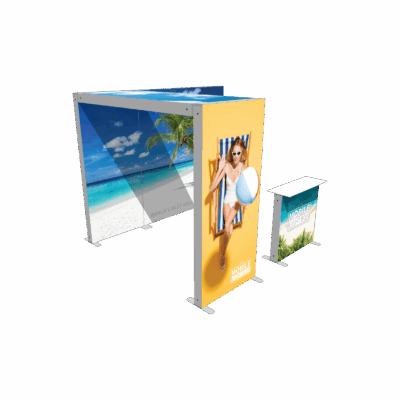 Mobile Light Box Kit C booth setup shown from the left side with branded backlit SEG display walls.