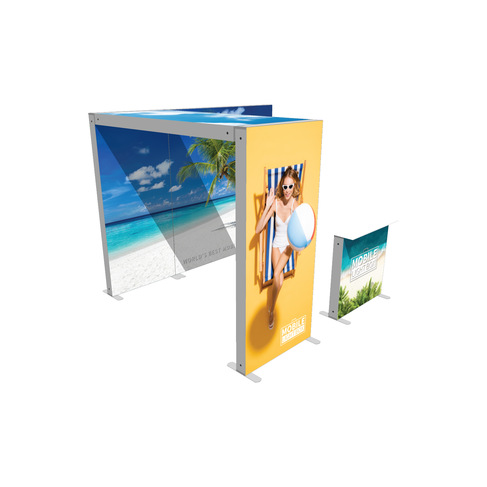 Mobile Light Box Kit C booth setup shown from the left side with branded backlit SEG display walls.