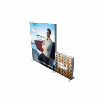 Mobile Light Box Kit D booth setup shown from the side with branded backlit SEG display walls.