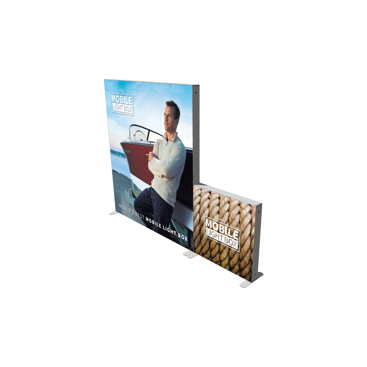 Mobile Light Box Kit D booth setup shown from the side with branded backlit SEG display walls.