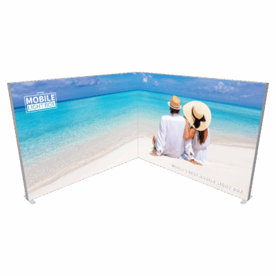 Mobile Light Box Kit B booth setup shown from the front with branded backlit SEG display walls.