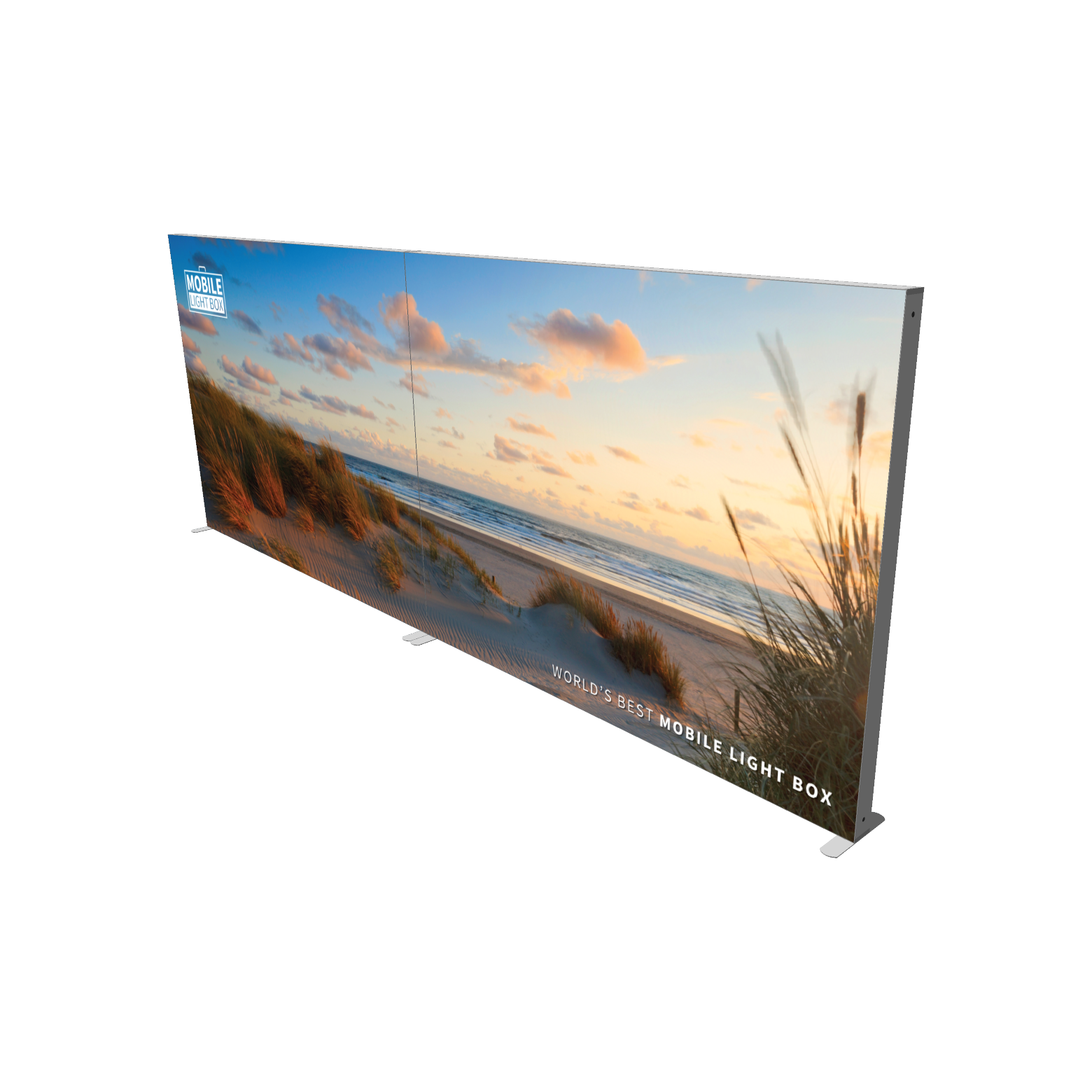Mobile Light Box Kit A booth setup shown from the side with branded backlit SEG display walls.