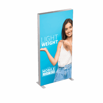 Mobile Light Box 100 x 240 lightweight backlit banner display with turquoise graphic and SEG fabric print