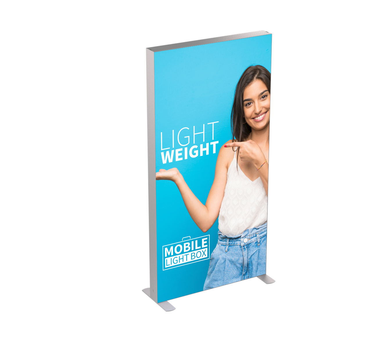Mobile Light Box 100 x 240 lightweight backlit banner display with turquoise graphic and SEG fabric print