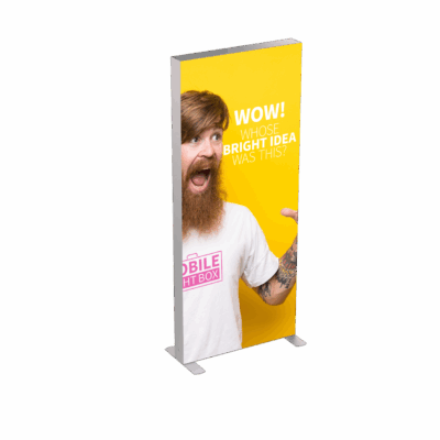 Mobile Light Box 85 x 250 banner display with branded backlit graphic and model pointing.