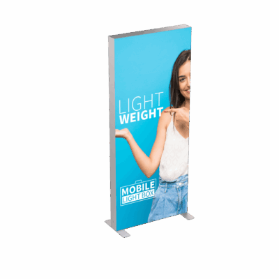 Mobile Light Box 85 x 240 banner display with branded backlit graphic and model pointing.