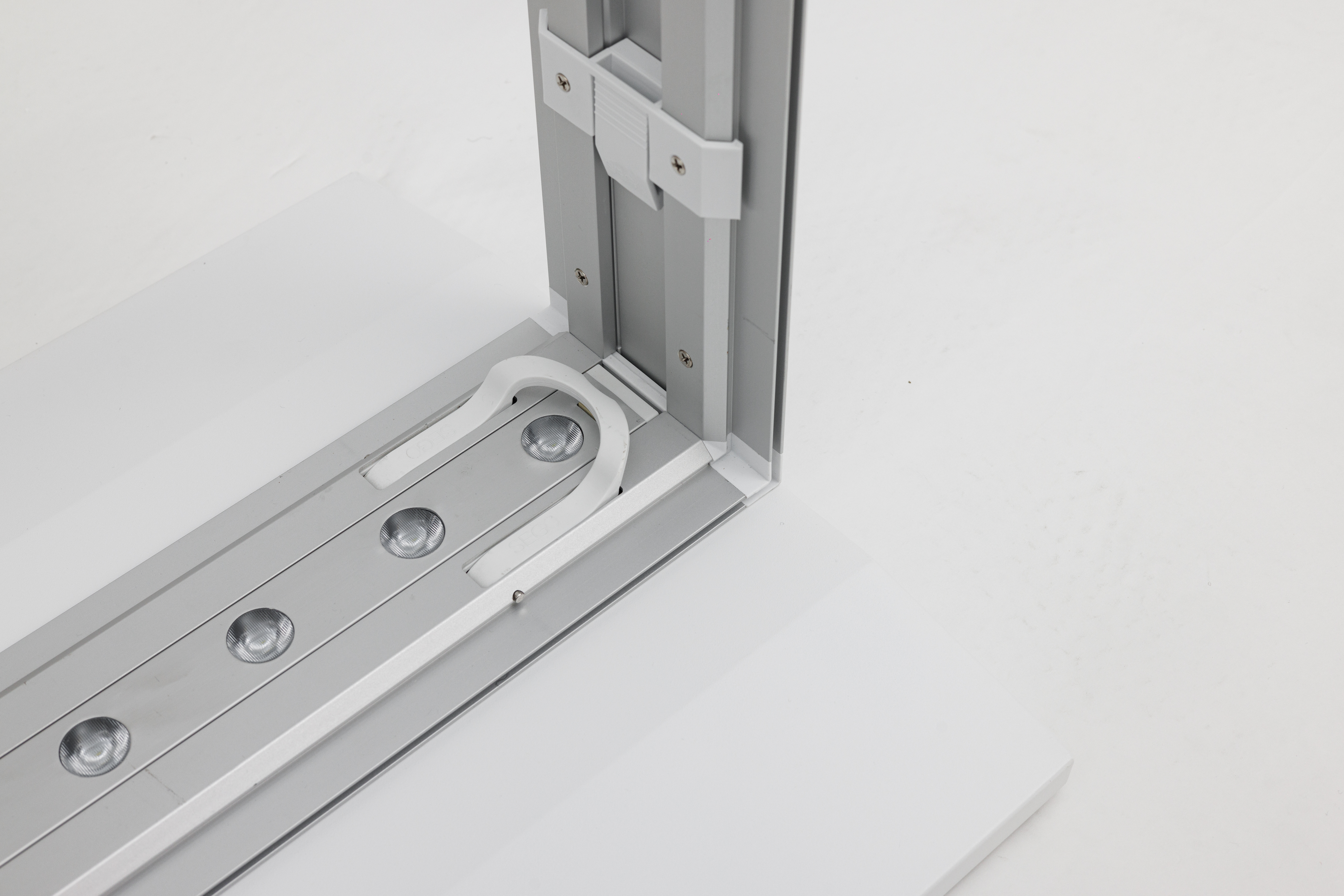 Close-up of Mobile Light Box frame extrusions with battery base connection.