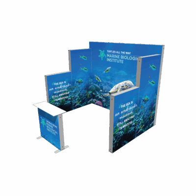 Modular backlit trade show display booth with underwater marine biology graphics and SEG light box panels