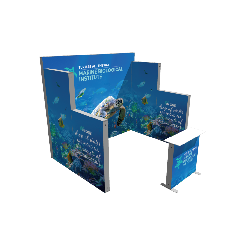 Modular SEG light box trade show display with ocean theme graphics and multiple backlit panels in booth configuration