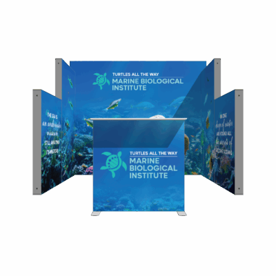 Modular SEG light box trade show booth with backlit marine graphics and counter display with header panel